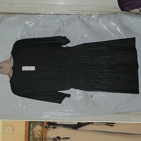 Black Animal Print Dress Smocked Waist V-Neck Short Sleeve Mini - Picture 5 of 8